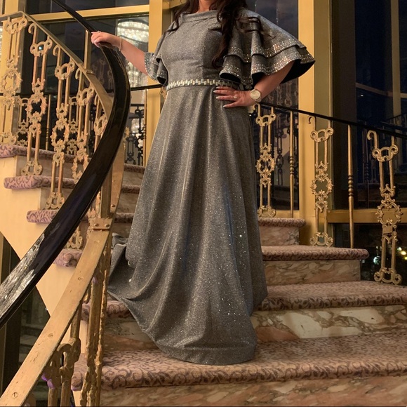 Silver Blue Glitter Evening Dress Special Occasion Party Gown Size 12 / 14 - Picture 8 of 9